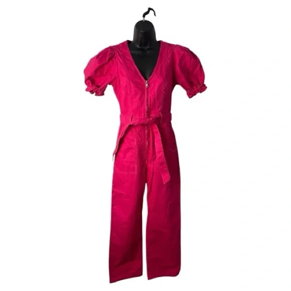 & Other Stories Belted Puff Sleeve Zip-Front Jumpsuit – Fuchsia Pink (Size 2) - Picture 2 of 9